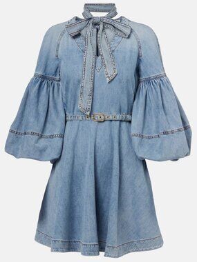 Zimmermann Tie-neck puff-sleeve denim minidress